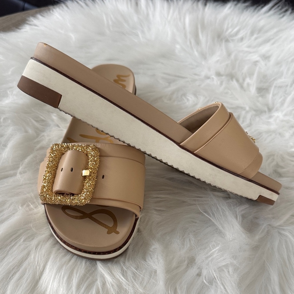 Sam Edelman Ariane Natural Slide Sandals with Glittering Gold Buckles size 7.5 - Picture 9 of 13